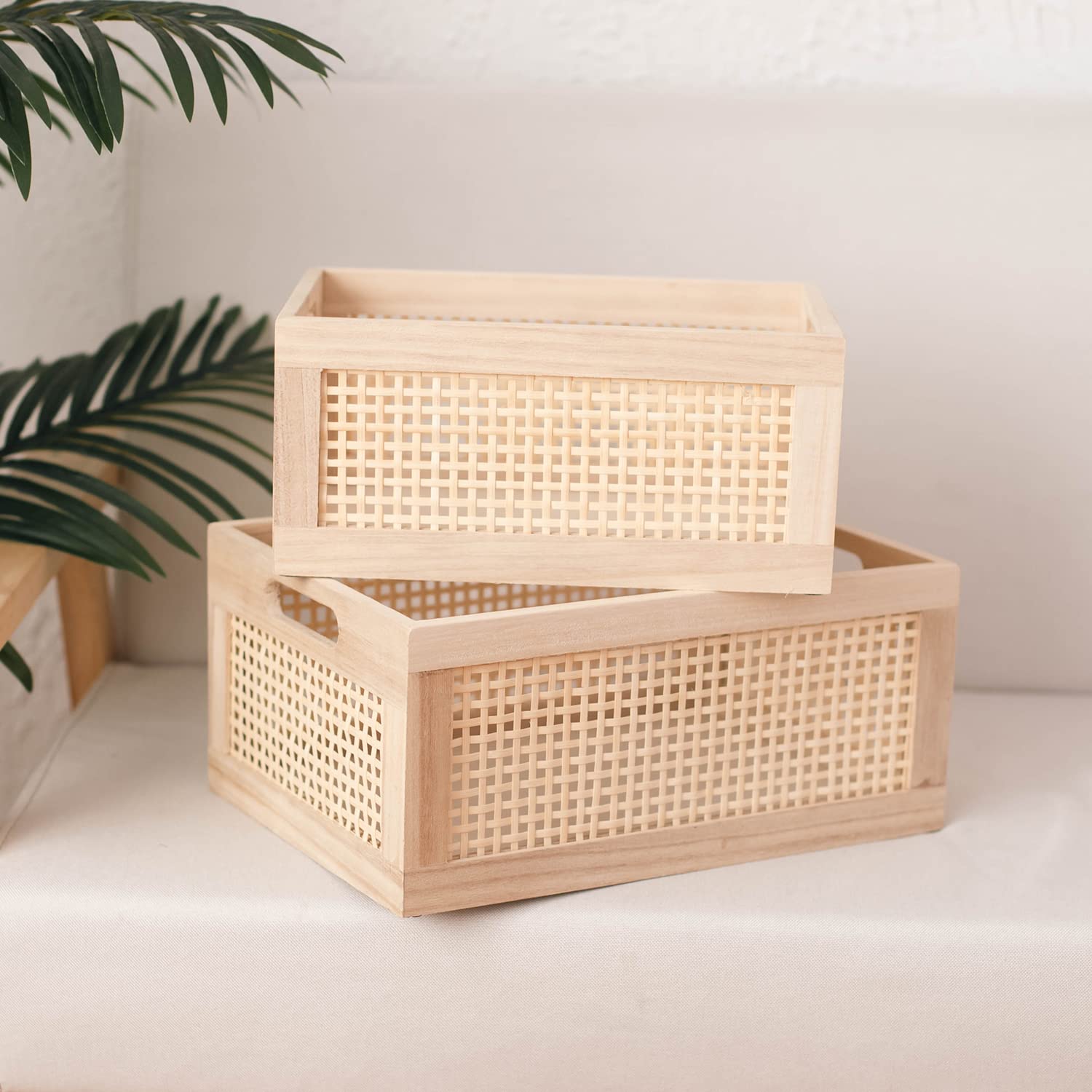 Hdkj Desktop Storage Basket, Sundry Office Drawer Storage Box, Wood Frame Storage Basket. (Rectangle-B-Set2)